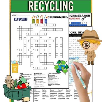 Preview of Recycling Fun Worksheets , Word Search And Crossword