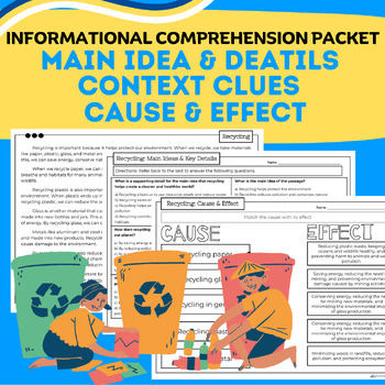 Preview of Recycling Nonfiction Comprehension Packet: Main Idea & Details & Context Clues
