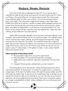 Preview of Recycling Reading Comprehension Passage & Quiz (Editable)