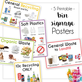 Recycling, Soft Plastic, Organics & Landfill Bin Signage - Set of
