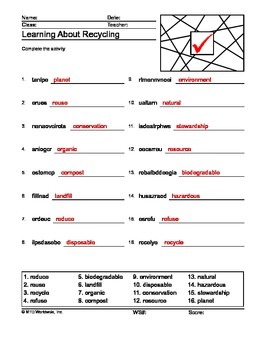 Recycling Word Search And Word Scramble Printable Worksheets By Lesson Machine
