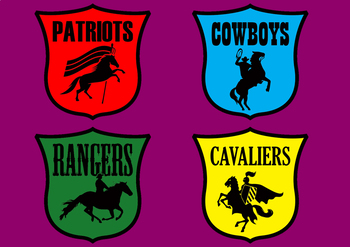 Preview of Red, Blue, Green & Yellow Houses - 4 Teams: Patriots Cowboys Rangers & Cavaliers
