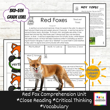 Preview of Red Foxes Comprehension Unit, Cause + Effect, Critical Thinking, and Vocabulary
