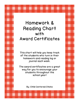 Preview of Homework and Reading Teacher Tracking Chart with Award Certificates Red Plaid