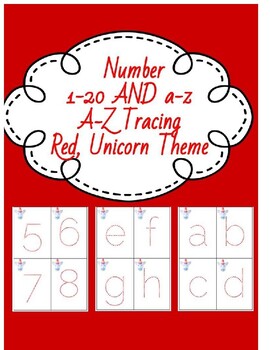 Preview of Red Unicorn theme Alphabet Lower,Upper case, Numbers 1-20 Tracing Handwriting
