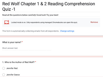 Preview of Red Wolf Chapter 1 & 2 Reading Comprehension Quiz