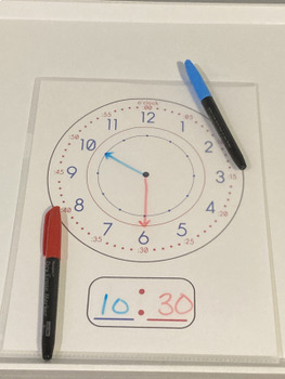 Preview of Telling Time: Red and Blue color coded learning clock for dry erase sleeve.