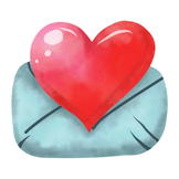 Red heart shape with envelope,watercolor,clip art.