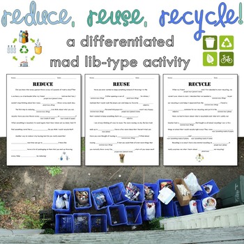 Preview of Pollution - Reduce, Reuse, Recycle - Parts of Speech Science Word Game