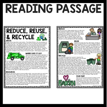 Download Reduce, Reuse, Recycle Reading Comprehension Worksheet Earth Day