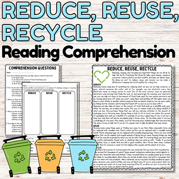 Preview of Reduce, Reuse, Recycle Reading Comprehension Activities Earth Day Close Reading