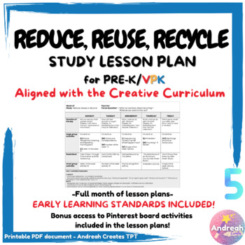 Preview of Reduce, Reuse, Recycle Study Lesson Plan Creative Curriculum PRE-K / VPK