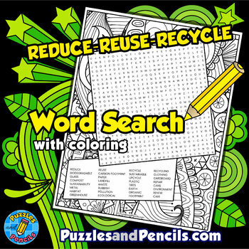 Preview of Reduce, Reuse, Recycle Word Search Puzzle Activity Page & Coloring | Recycling