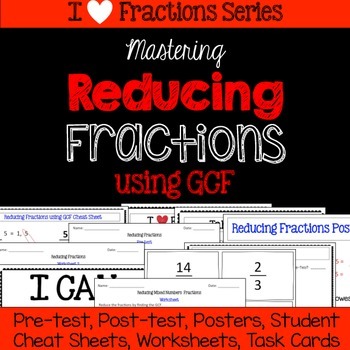 Preview of Reducing Fractions Unit -Pretest, Post-test, Poster, Cheat Sheet, Worksheets