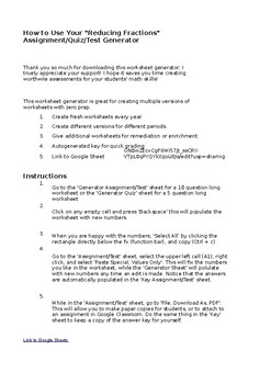 Preview of Reducing Fractions Worksheet Generator