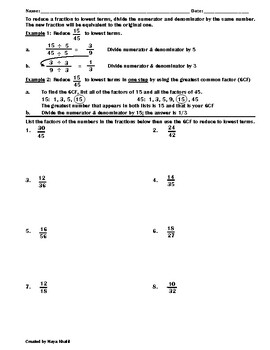 Preview of Reducing Fractions to Lowest Terms Worksheet - Teaching and Practice