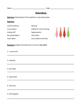 Preview of Redundancy: Definition, Examples, Worksheet, Bonus List, and Detailed Answer Key