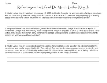 Preview of Reflecting on the Life of Dr. Martin Luther King Jr. Worksheet