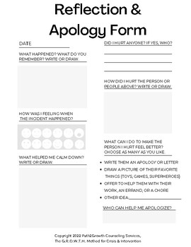 Reflection & Apology Form by Grow with Dr T | TPT