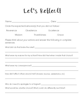 Reflection Sheet - Behavior Management by Oaks From Acorns | TPT