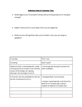 Preview of Reflection Sheet & Frustration Plan: dealing with anger and frustration
