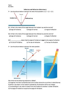 Preview of Reflection and Refraction - Worksheet | Easel Activity & Printable PDF