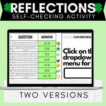 Preview of Reflections on the Coordinate Plane Self-Checking Activity | St Patricks Day