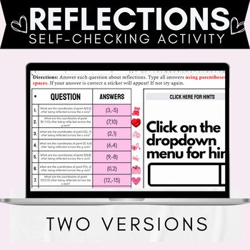 Preview of Reflections on the Coordinate Plane Self-Checking Activity | Valentine's Day