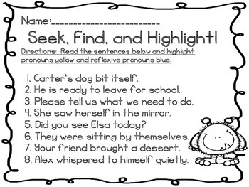 Preview of Reflexive Pronoun: Seek, Find, and Highlight {Freebie}