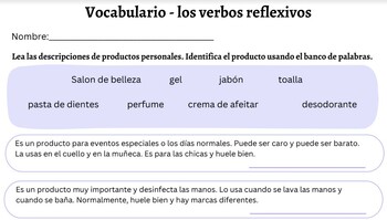 Preview of Reflexive Verb Chapter - Personal Care Item Definition Sheet