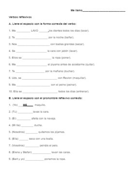 Preview of Reflexive Verbs Spanish practice sheet/homework