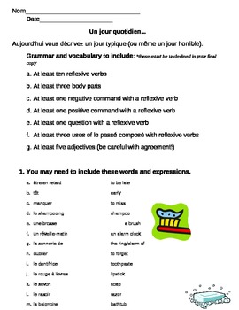 Preview of Reflexive Verbs_Daily Routine Writing Prompt and Rubric
