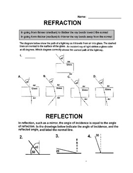 Reflection and refraction worksheet