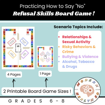 Preview of Refusal Skills Board Game - Middle School Health Strategies to Say No Printable