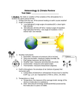 Preview of Regents Earth Science:Meteorology & Climate Review Sheet