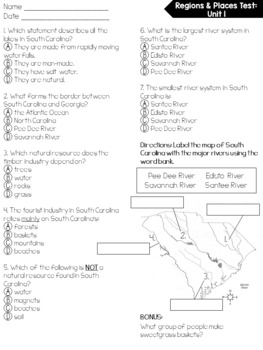 Regions and Places in South Carolina Unit 1 by Ginger Snaps | TpT