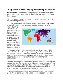 Preview of Regions in Human Geography Reading Worksheet **Editable**