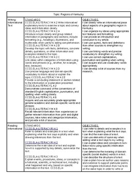 Preview of Regions of Kentucky Unit Plan Informational Writing Standards and Objectives