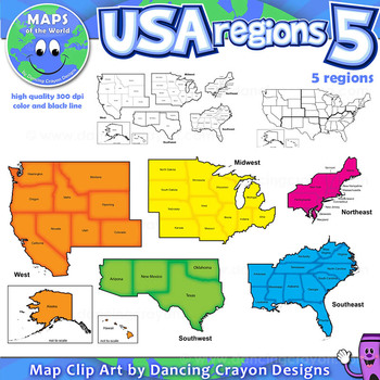 Preview of Regions of the USA: Five Regions - Map Clip Art