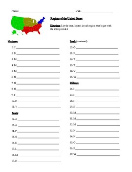 Preview of Map Study of U.S. Regions: Worksheet, Test, or Homework Assignment & Answer Key