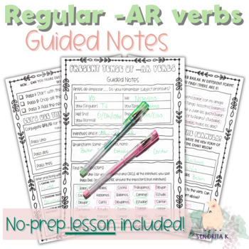 Preview of Regular present tense AR verb guided notes