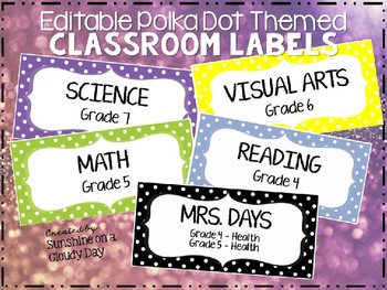 Preview of Polka Dot Themed Classroom Bin Labels - Fully Editable