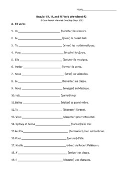Preview of Regular French Verbs (ER, IR, RE) Student Worksheet #2