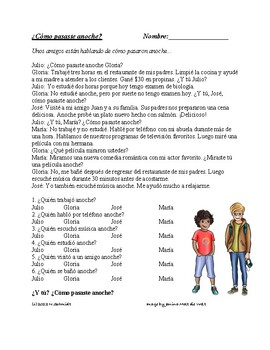 Preview of Regular Preterite -AR Verbs Spanish Reading: ¿Cómo pasaste anoche? (Pretérito)