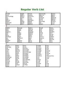 Regular Verb Chart by Presley Green | TPT