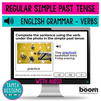 Preview of Regular simple past tense verbs with audio Boom Cards online activity