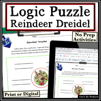 Preview of Christmas Logic Puzzle or Holiday Brain Teaser for Chanukah Reindeer Dreidel
