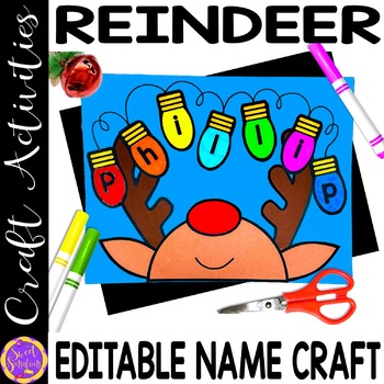 Preview of Reindeer Name Craft - Christmas Lights Name Practice Craft - Xmas bulletin board