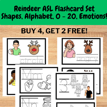 Preview of Reindeer Preschool ASL Flashcard Set - shapes, alphabet, 0 - 20, & emotions
