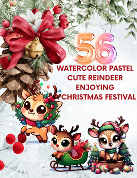 Preview of Reindeer Revelry: Watercolor Pastel Christmas Clip Art Collection